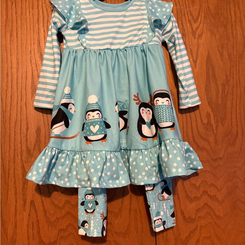 Cute Penguin Print Dress and Leggings Set